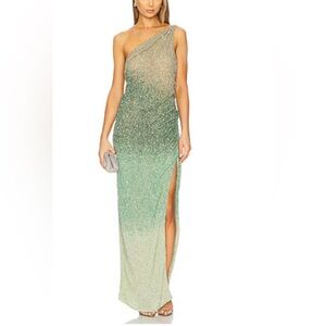 Rachel Gilbert Kaito Green Ombre One-Shoulder Sequin Gown